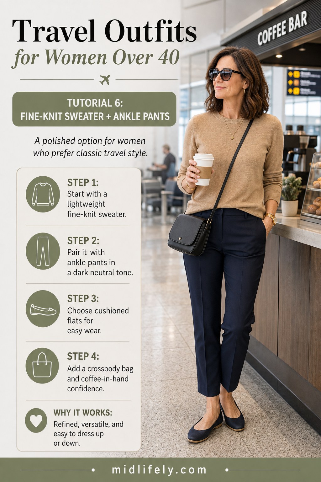 A refined travel outfit for women over 40 with a fine-knit sweater and dark ankle pants