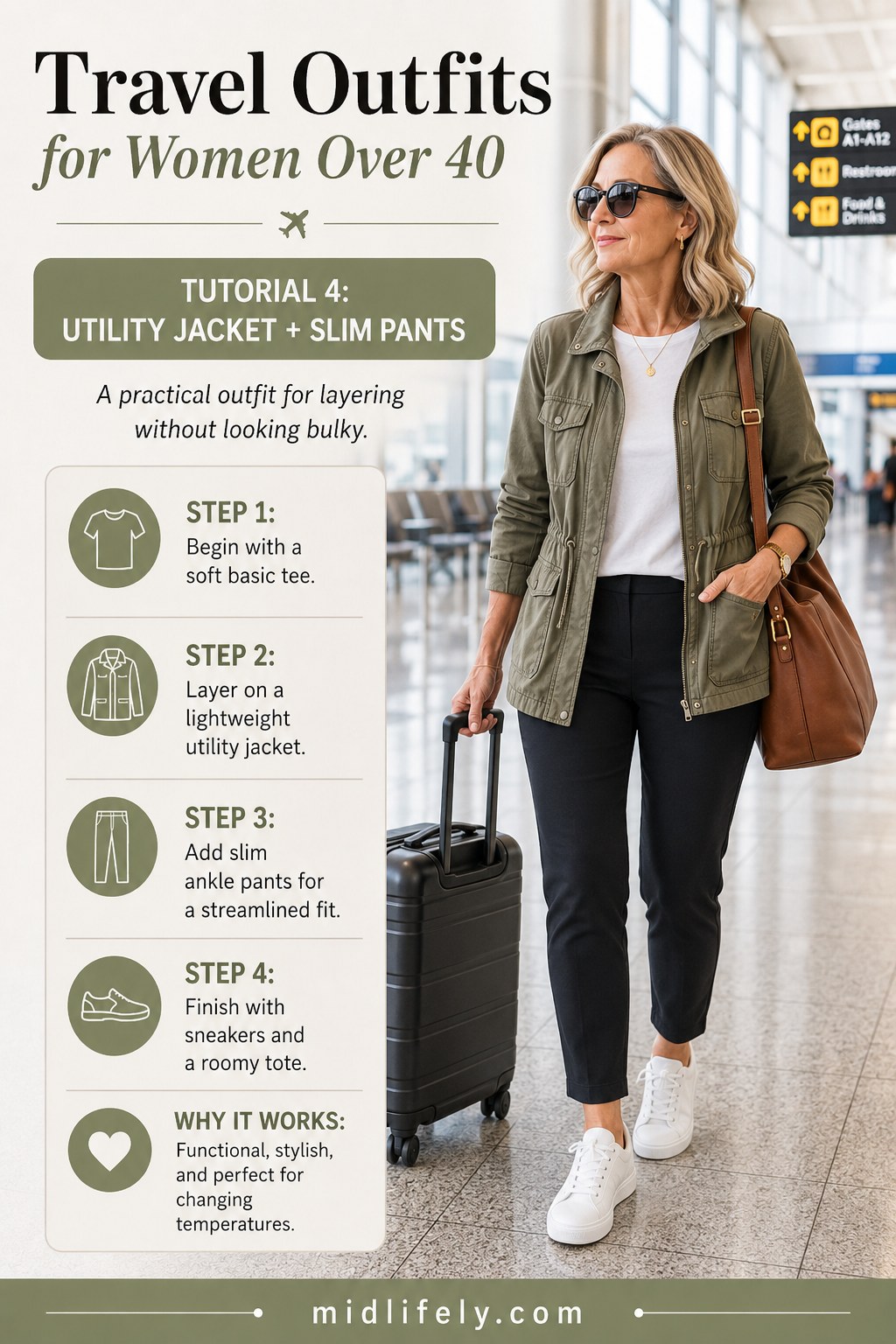 A layered travel outfit for women over 40 with a utility jacket over slim ankle pants