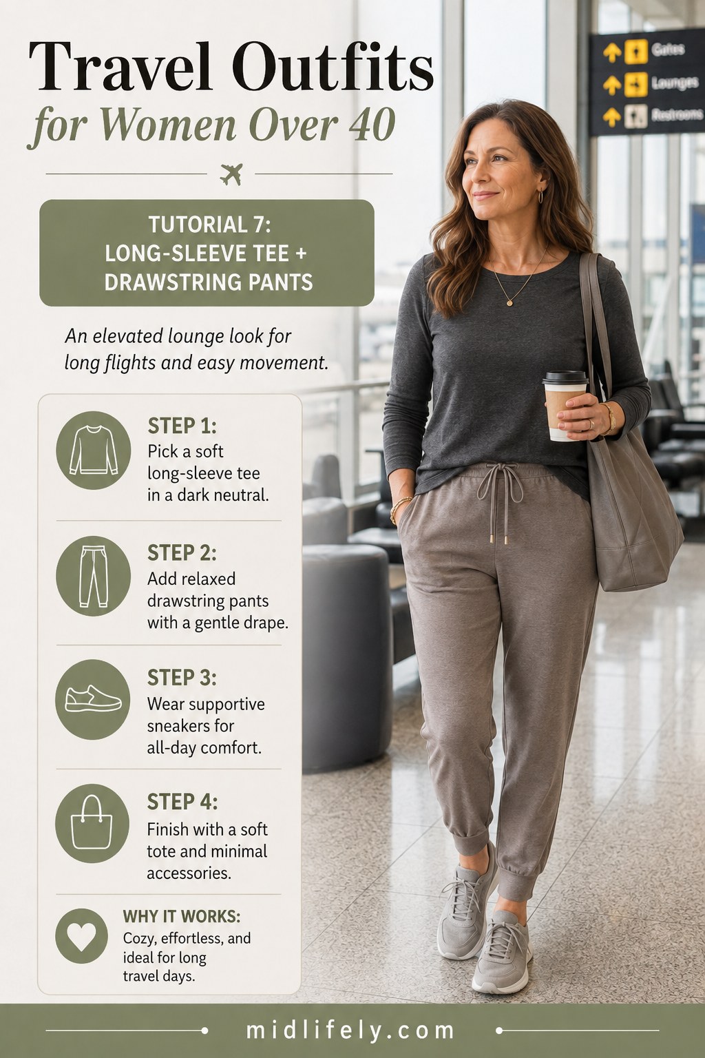 A cozy travel outfit for women over 40 with a long-sleeve tee and drawstring pants