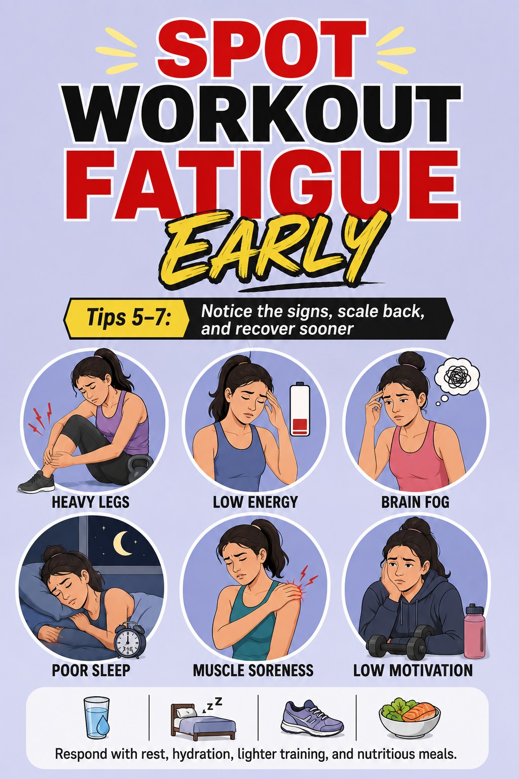 Icons showing early signs of workout fatigue like heavy legs, brain fog, and low motivation.