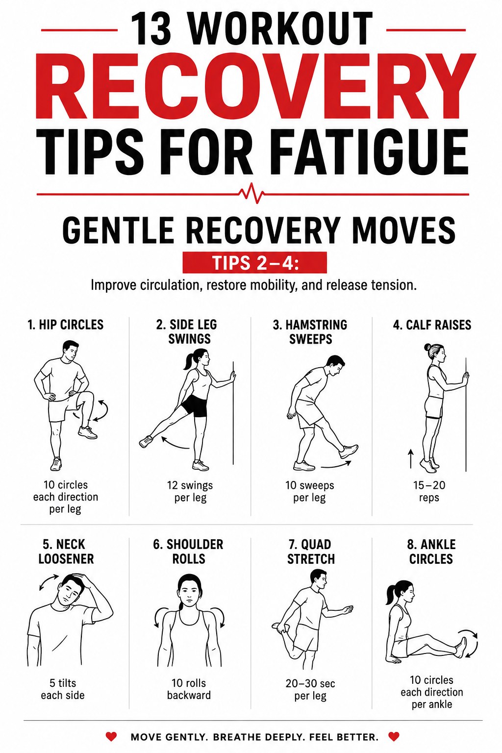 Illustrated gentle recovery moves like hip circles and calf raises for easing workout fatigue.