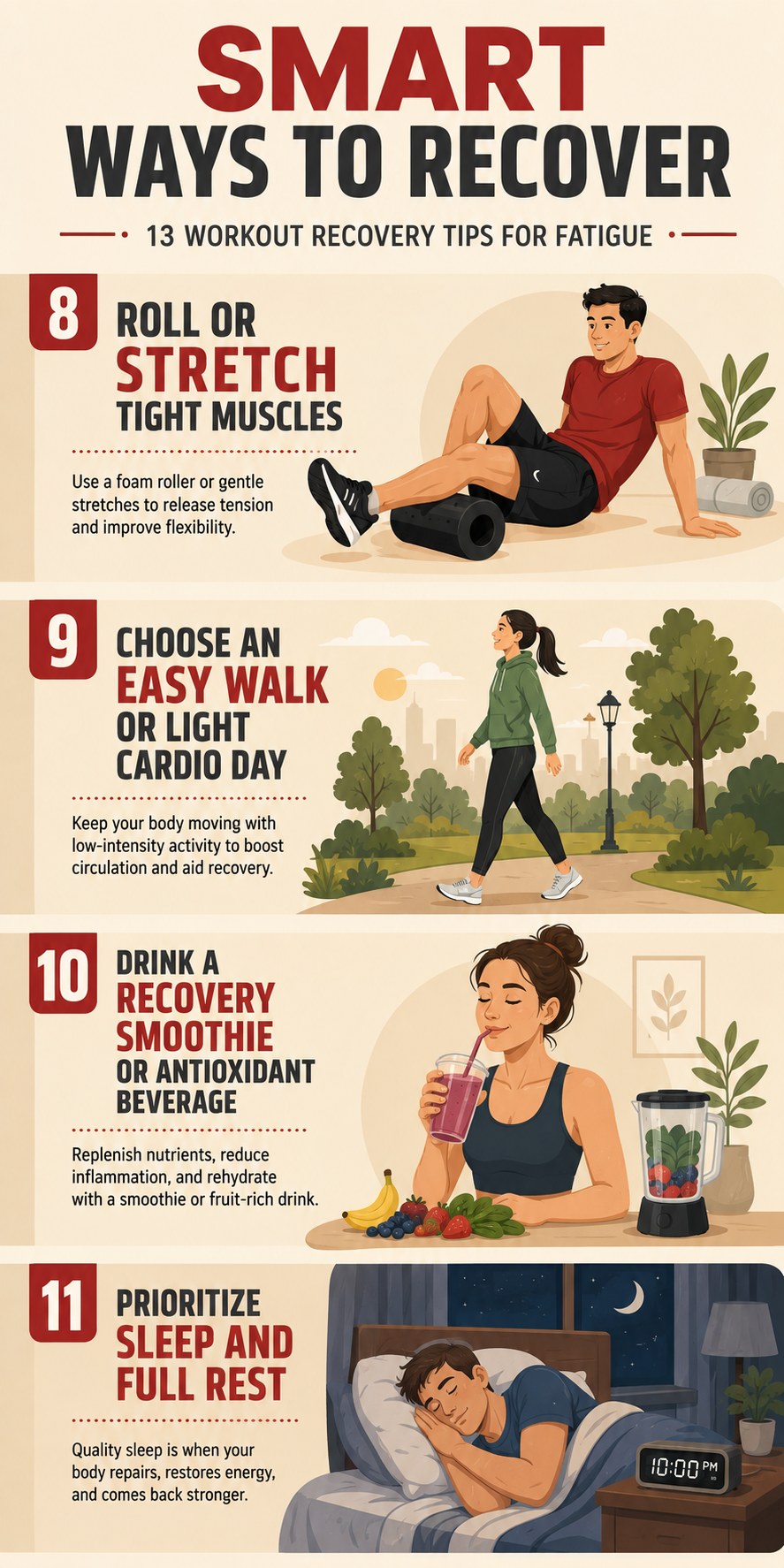 A man foam rolling and a woman walking, part of smart workout recovery tips for fatigue.